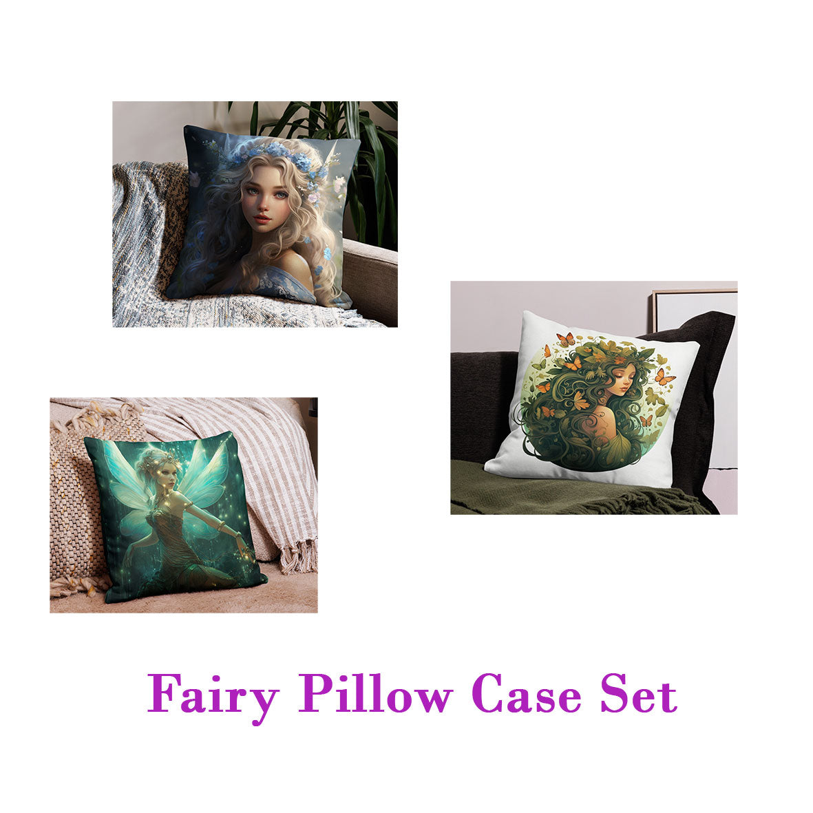 Fairy Pillow Case Set | Triad of Enchantment: Ultimate Fairy Pillow Case Set – Drift into Dreams with 3 Magical Designs