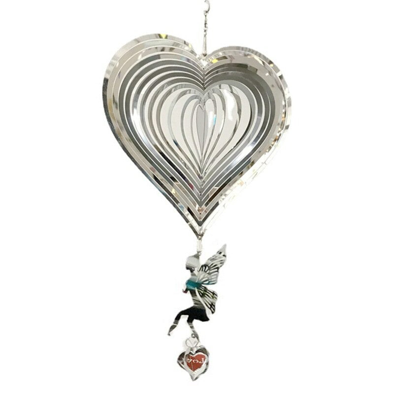 3D Heart Wind Spinner Fairy Wind Chimes Stainless Steel Sculptures