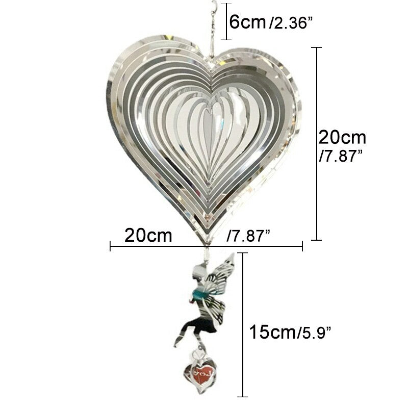 3D Heart Wind Spinner Fairy Wind Chimes Stainless Steel Sculptures
